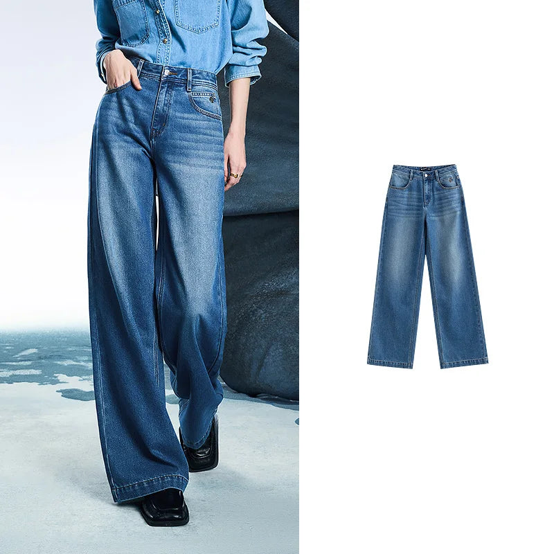 Jean femme taille mi-basse coupe droite large slim fit