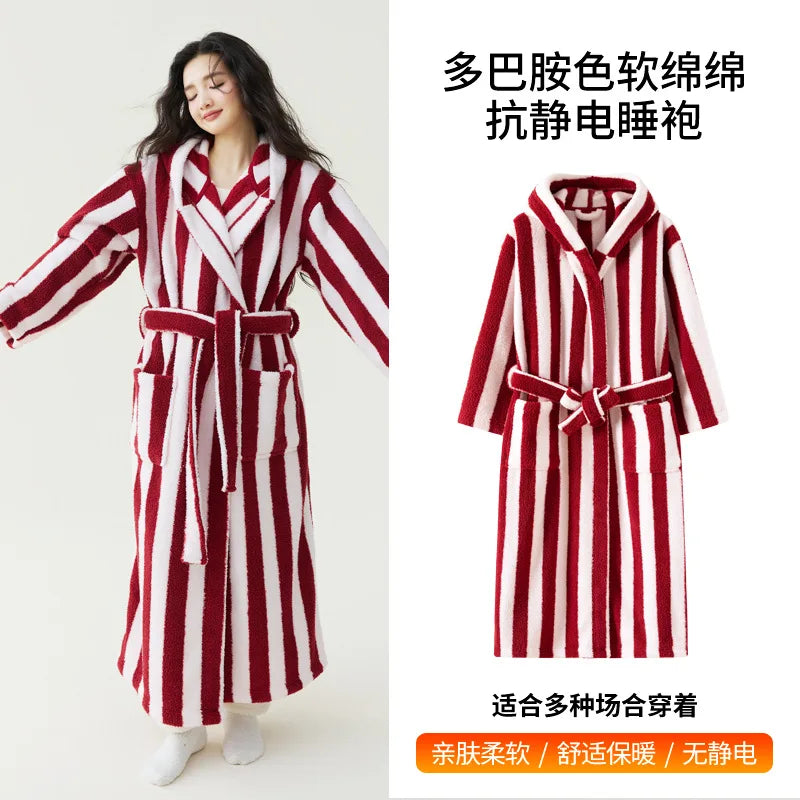 Peignoir Velours Rayé Couple Manches Longues