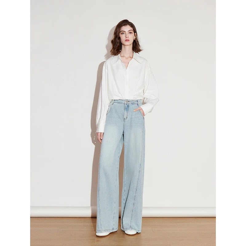 Jean femme taille mi-haute coupe droite large délavé
