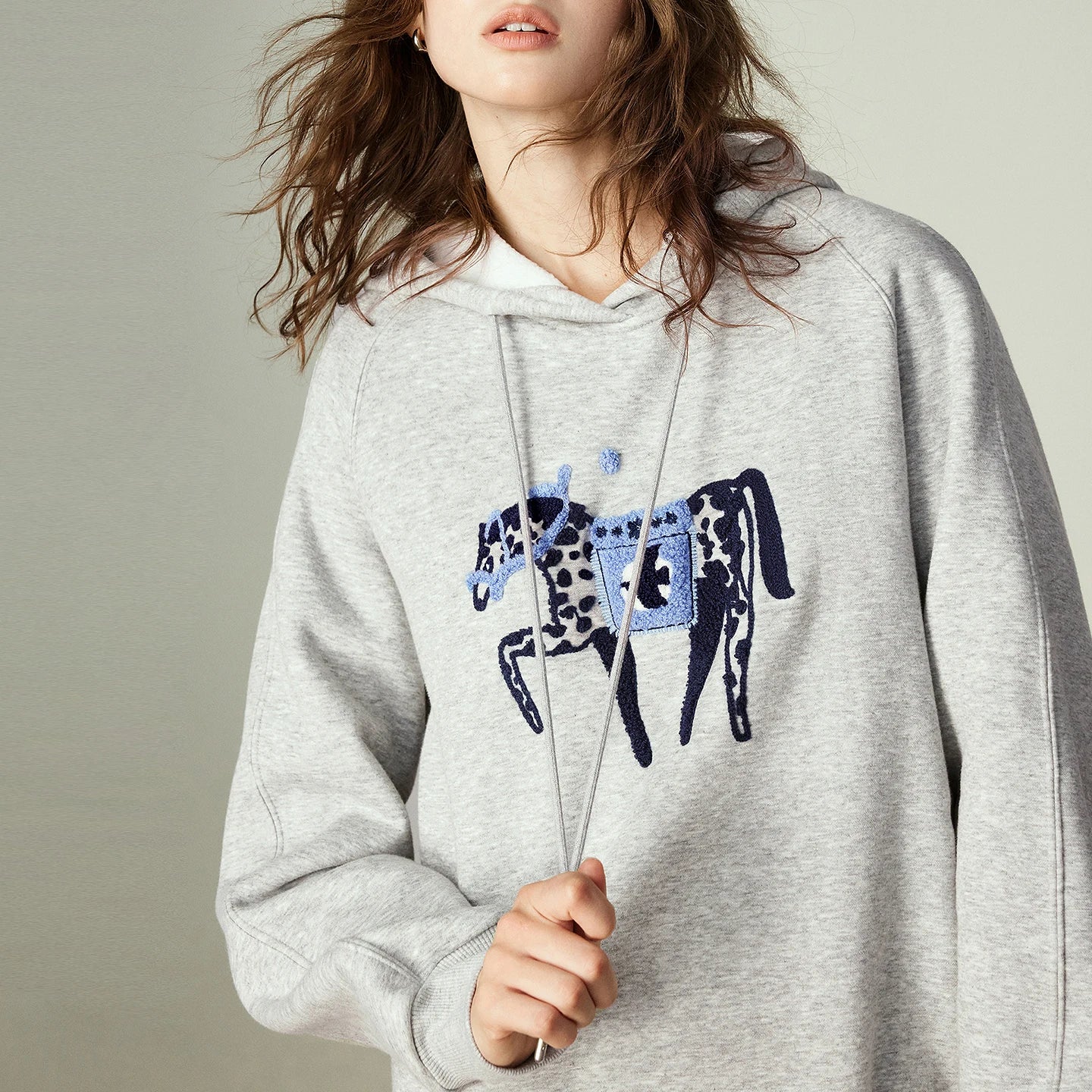 Women's Sweatshirt Dress – Hooded, Embroidered Horse, Soft Fleece Knit, Loose Fit, Mid-Length