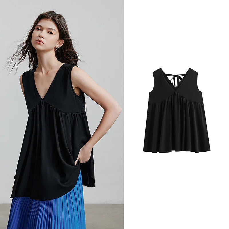 Chemise femme mi-longue sans manches col V patchwork