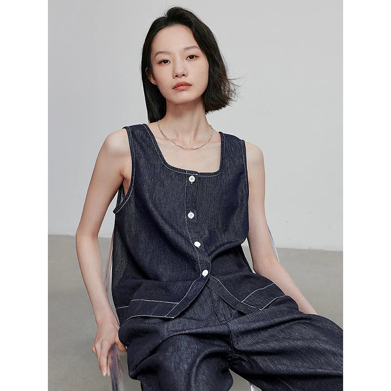 Chemise femme sans manches col carré en coton & lyocell