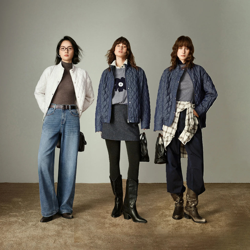 Women's Coat – Denim Effect, Diamond Pattern, Stand Collar