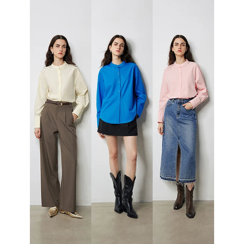 Women's long-sleeved shirt with a stand-up collar, casual Chinese style