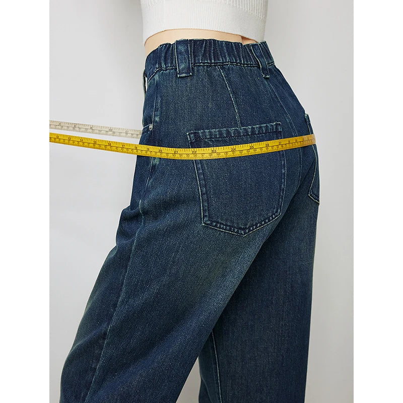 Jean femme taille haute élastique coupe harem longueur cheville