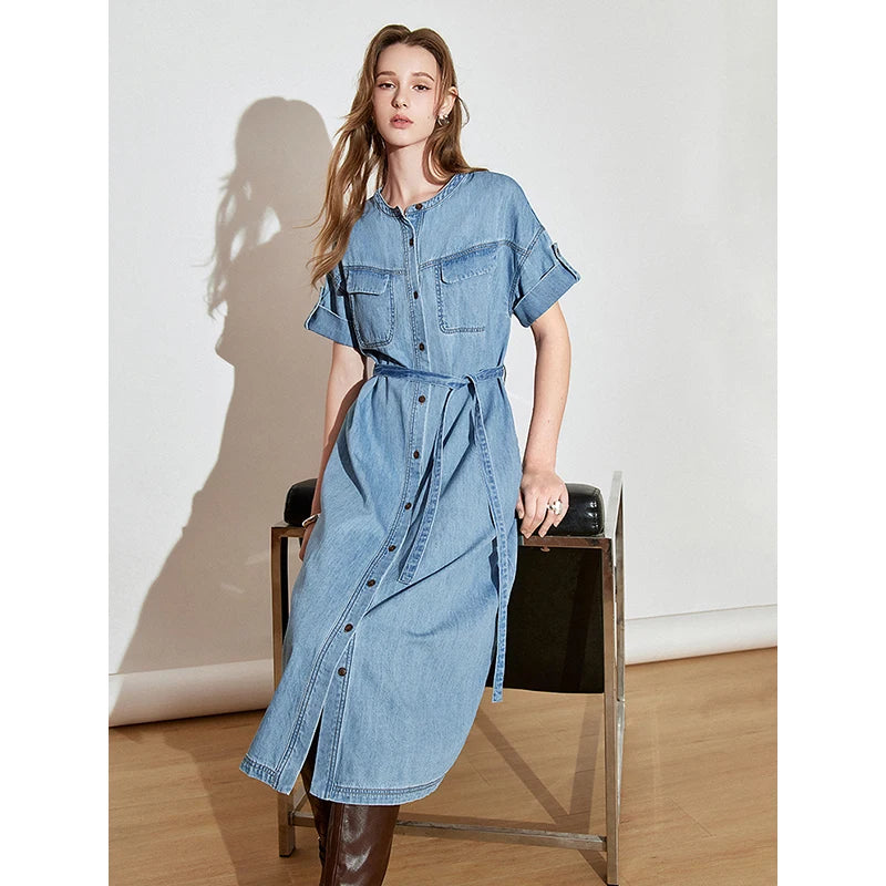 Robe femme mi‑mollet printemps/été denim manches courtes col rond à lacets