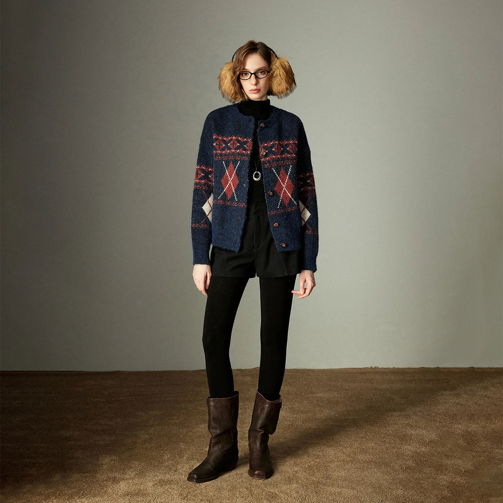 Damenpullover – Vintage-Nordischer Stil, Argyle-Jacquard-Muster, Seepferdchen-Kunstpelz, Rundhalsausschnitt