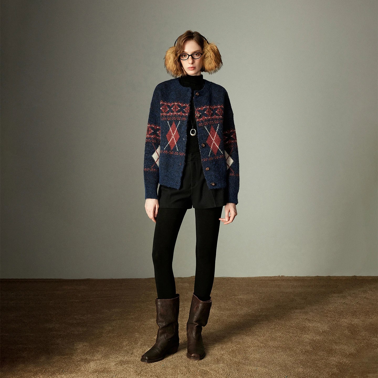 Pull Femme – Style Nordique Vintage, Motif Argyle Jacquard, Fausse Fourrure Hippocampe, Col Rond