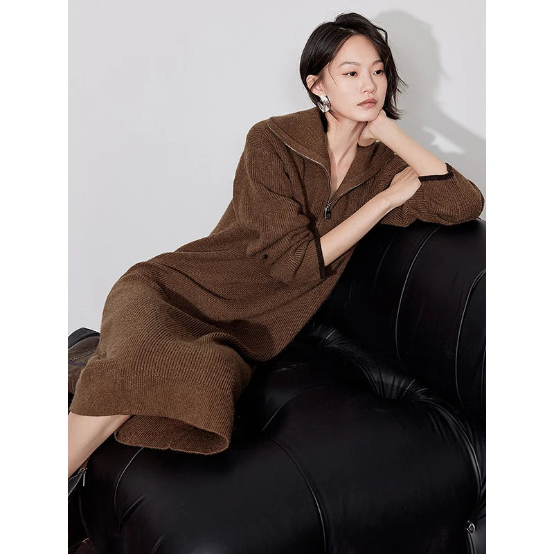 Women's mid-calf winter dress, straight, long sleeves, shirt collar with zipper