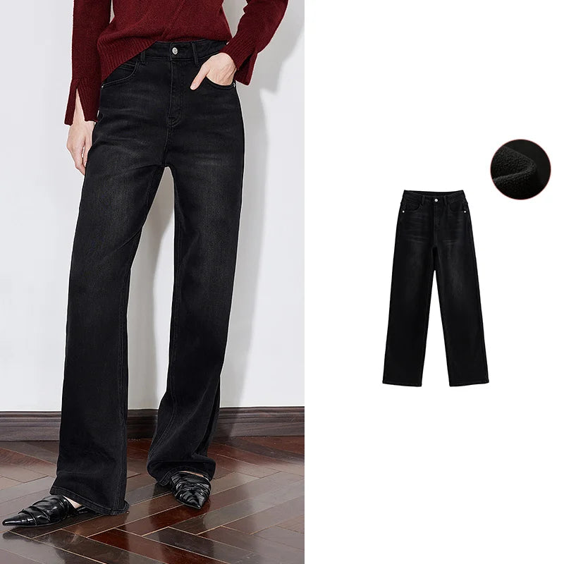 Jean femme doublé chaud taille mi-haute coupe droite large