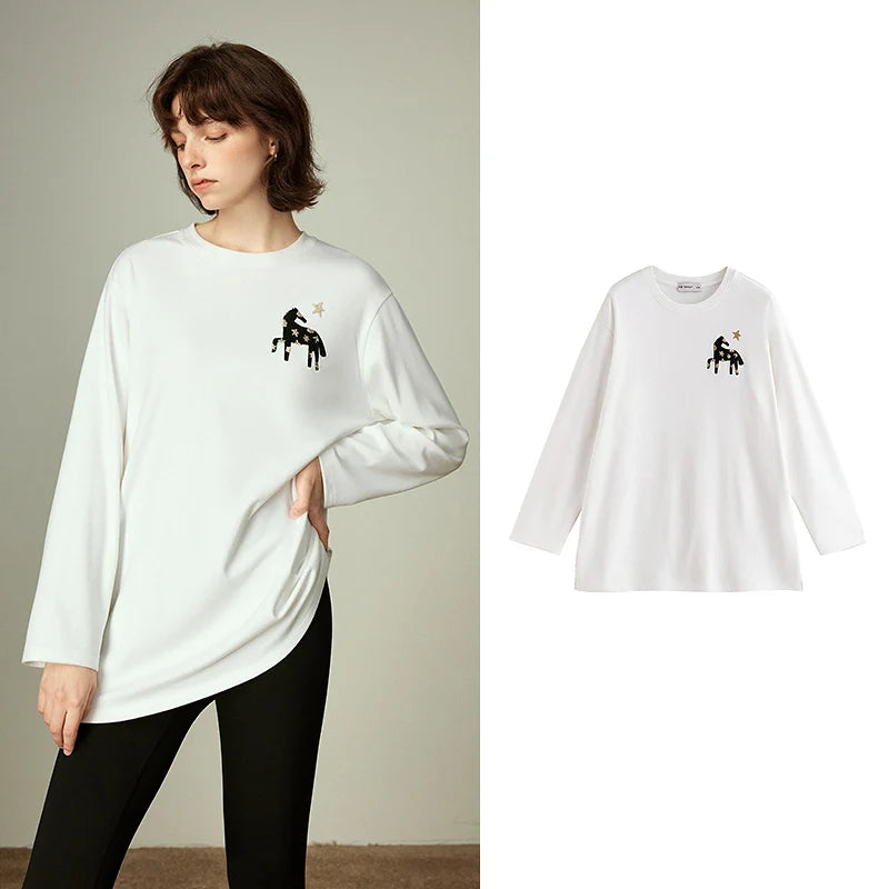 T-shirt Femme Chauffant – Broderie Cheval Mongol, Coupe Loose, Base Layer Confortable