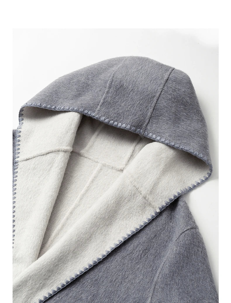 Women's Coat – Wool, Silk and Rabbit Fur Blend, Fitted Waist, Hooded, Reversible