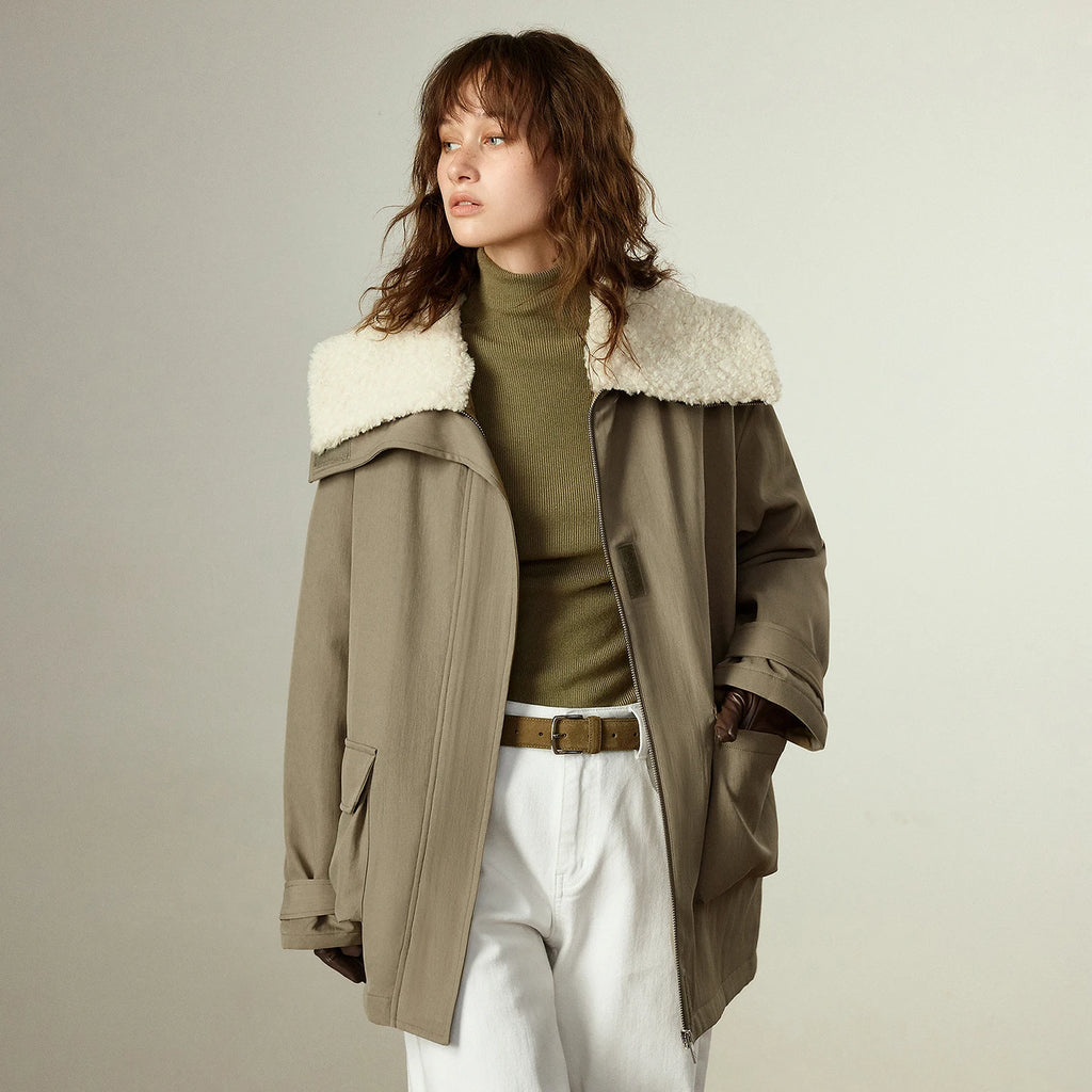 Women's Quilted Coat – Navy Blue Plush Collar, Retro Style