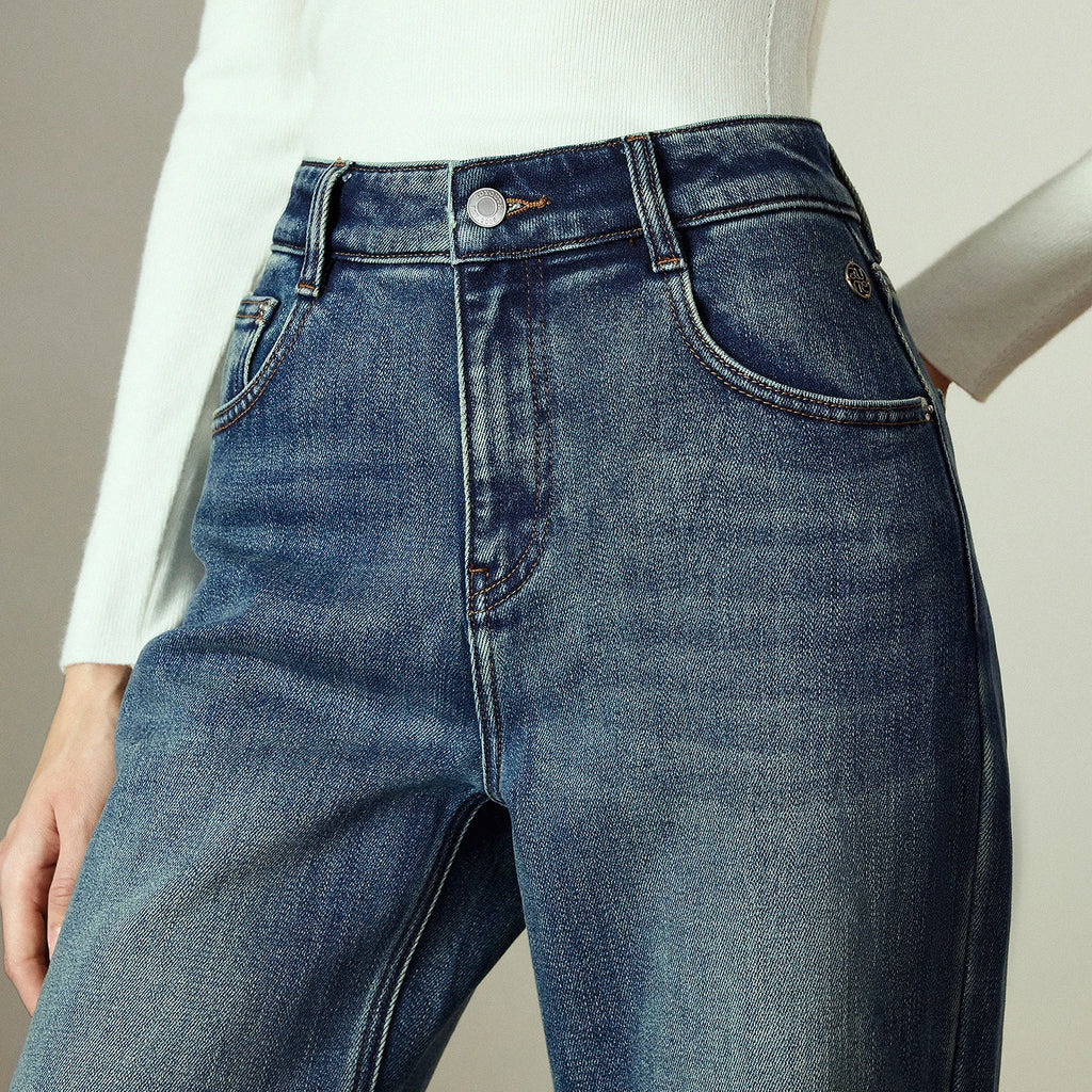 Pantalon Femme – Denim Droite, Taille Moyenne-Basse, Matière Lycra Brossée, Chaud et Confortable