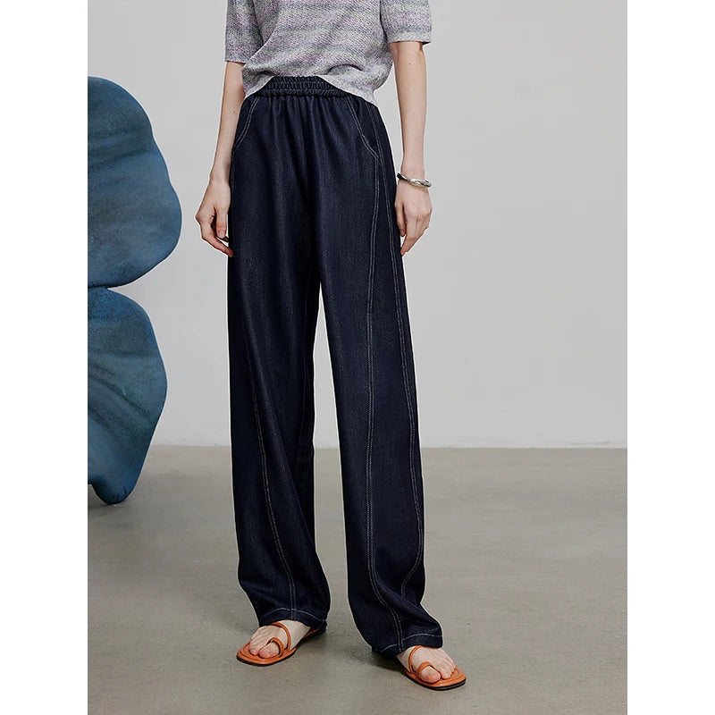 Jean femme taille élastique coupe droite large style banane