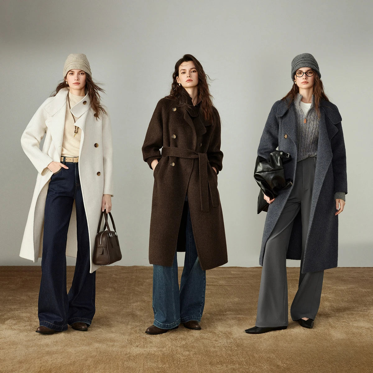 Manteau Femme – Laine Double-Face, Col Montant, Longueur Totale, Confort et Chaleur