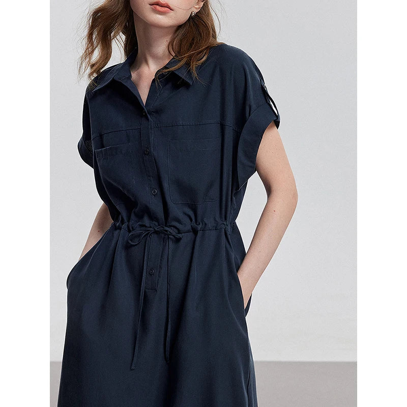 Women's mid-calf summer A-line dress with raglan sleeves, shirt collar, and floral print