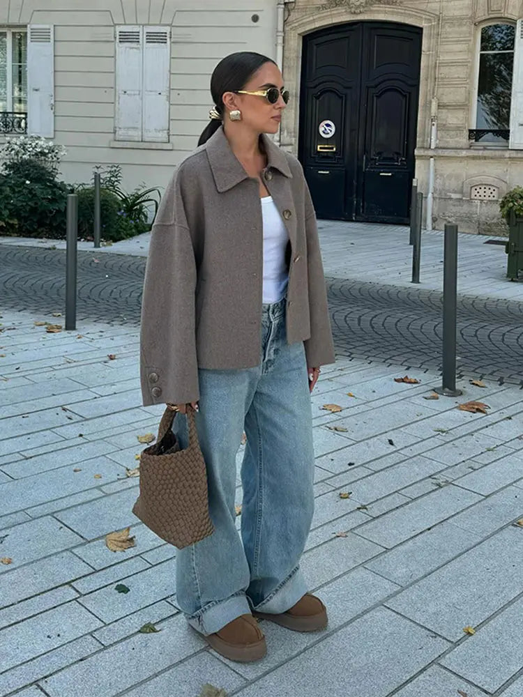Veste courte en fausse fourrure à col rabattu pour femme