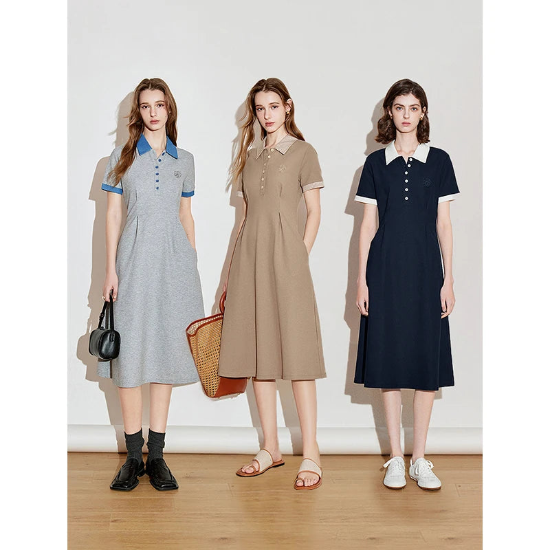 Women's mid-calf straight dress with floral embroidery and shirt collar