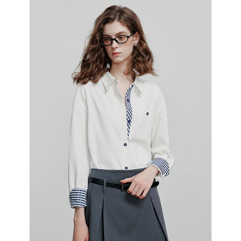 Chemise rayée femme – col diagonal spliced, pur coton