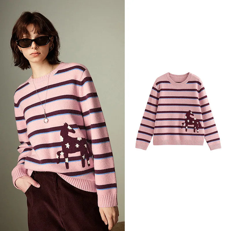 Pull Femme Vintage – Rayures & Broderie Étoile et Cheval, Col Rond