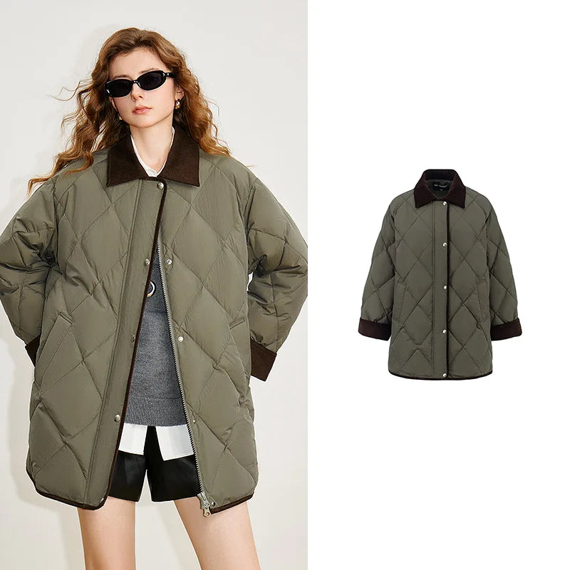 Doudoune Femme – Duvet de Canard Blanc, Design Patchwork Rétro, Coupe Loose Casual