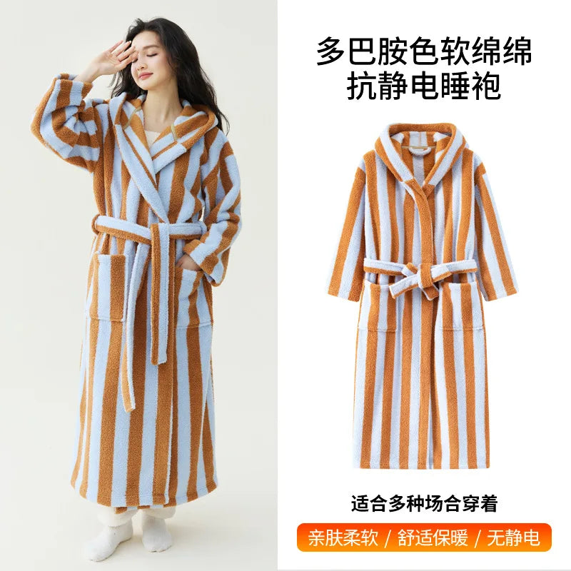 Peignoir Velours Rayé Couple Manches Longues