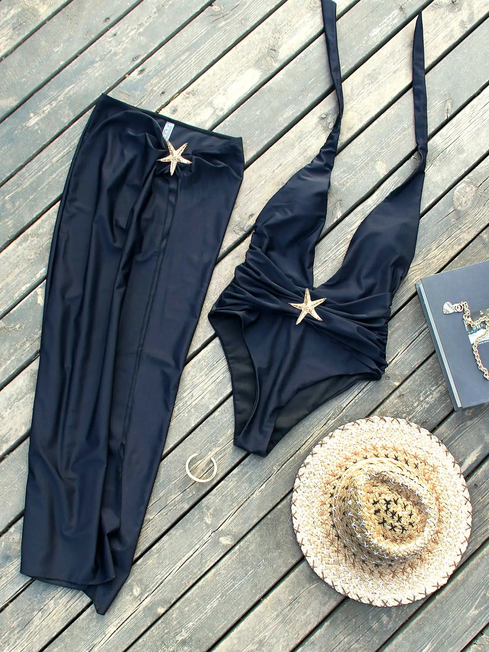 Ensemble Maillot de Bain 2 Pièces Étoile de Mer avec Jupe Élastifiée pour Femme Élégante