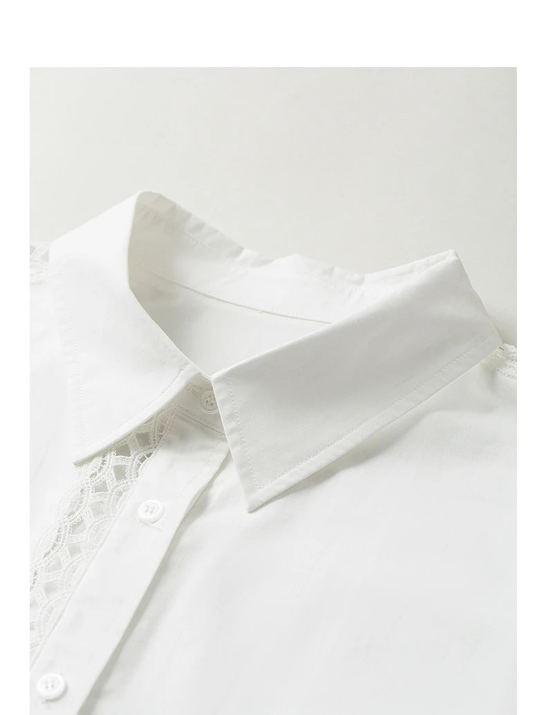 Women's blouse in openwork lace – shirt collar, long sleeves