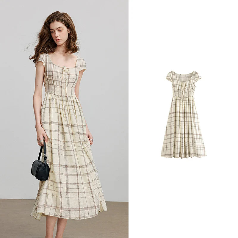 Robe femme mi‑mollet été style plage A-Line manches courtes à col carré