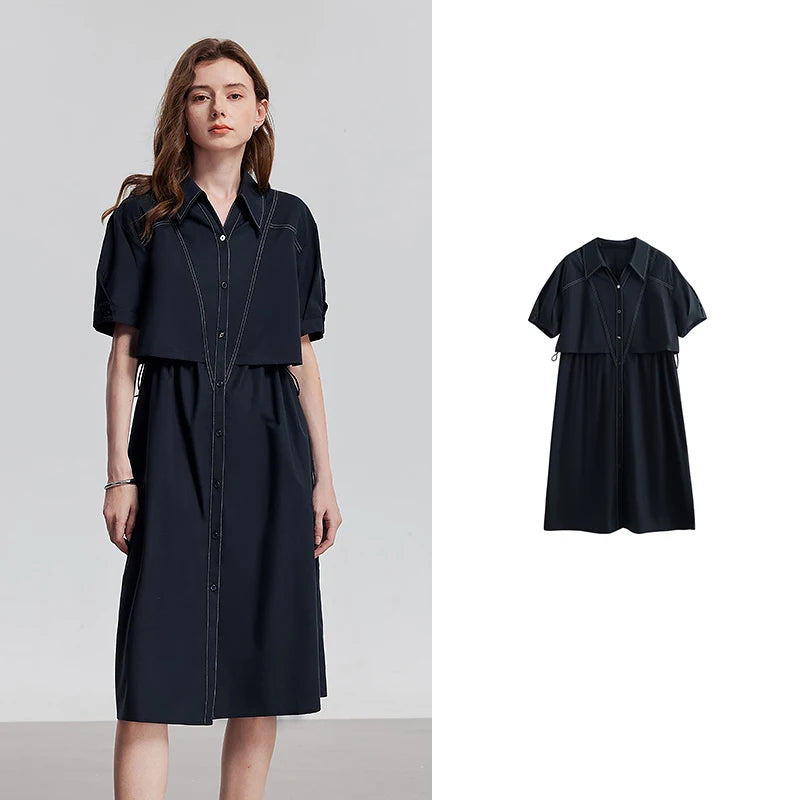 Robe femme mi-mollet été coupe ample col chemise boutonnée