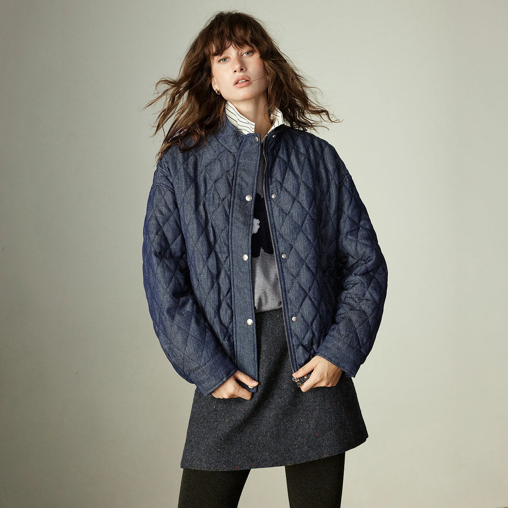 Women's Coat – Denim Effect, Diamond Pattern, Stand Collar