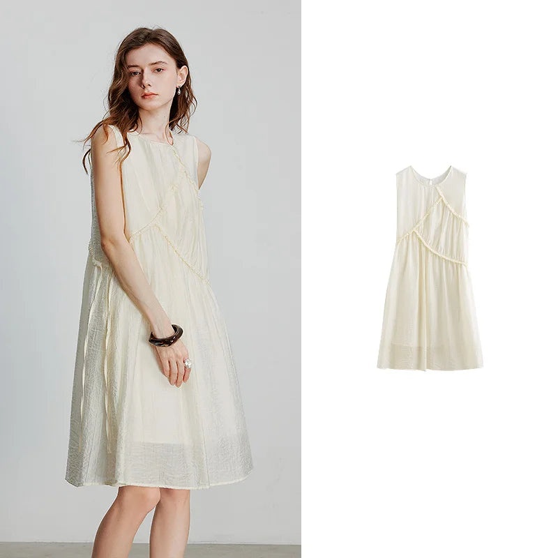 Robe femme mi-mollet été A-Line sans manches col rond à laçage