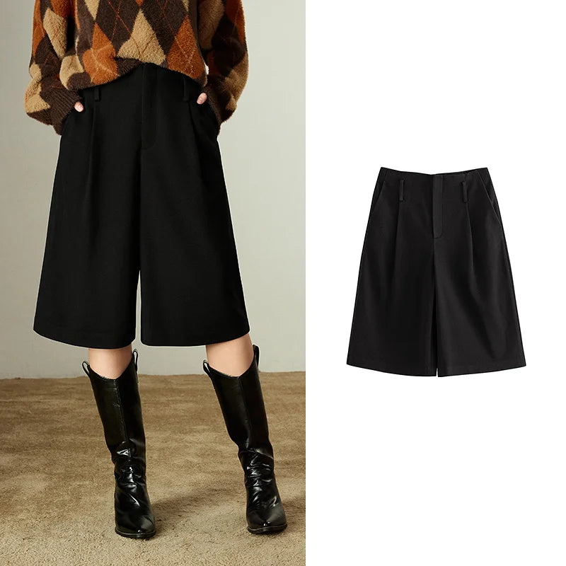 Pantalon Capris Femme – Jambe Large Plissée, Laine Mélangée, Élégant et Confortable