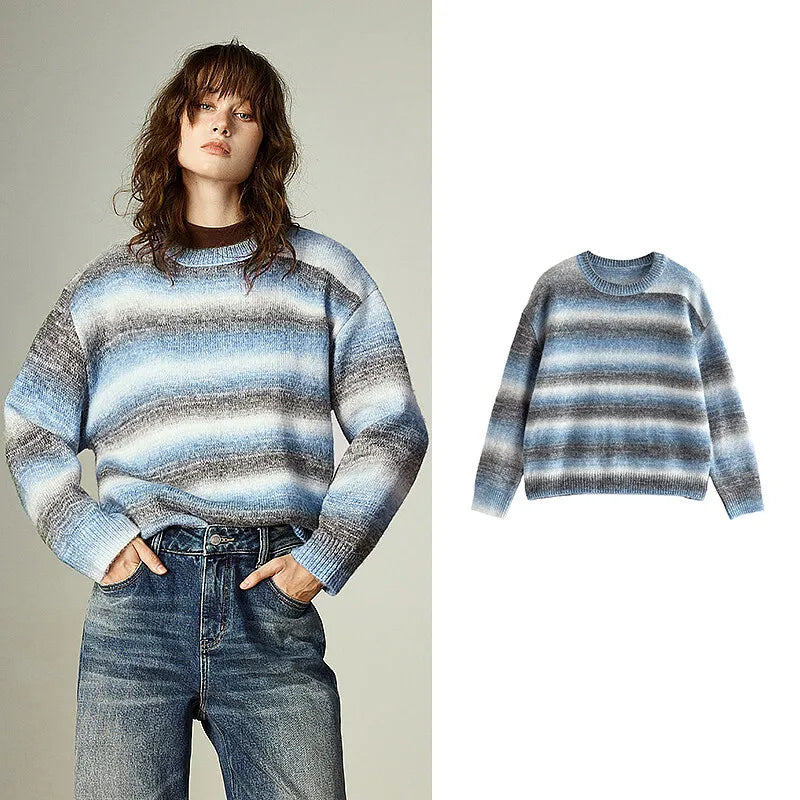 Pull Femme – Col Rond, Rayures Dégradées Arc-en-Ciel, Maille Longue Douce et Chaude