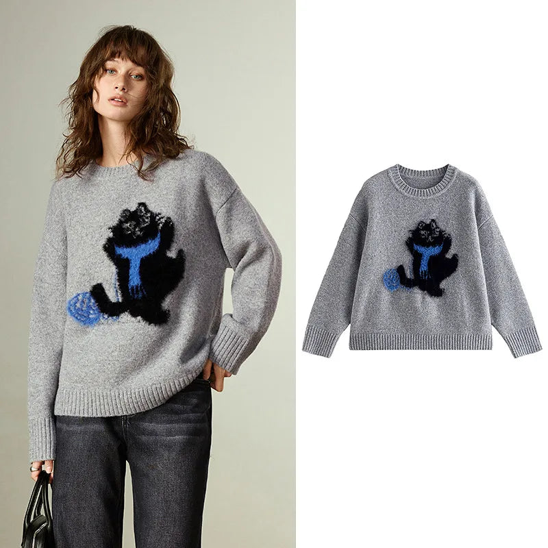 Pull Femme – Col Rond, Maille Épaisse Gris Clair, Motif Chat Jacquard, Velours Doux