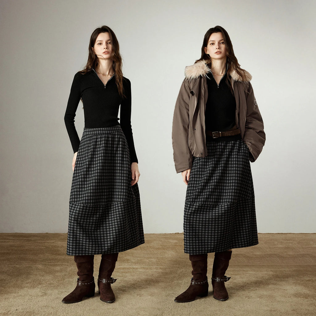 Jupe Midi Femme – Taille Élastique, Motif Plaid et Fleurs Oversize, Fente Latérale