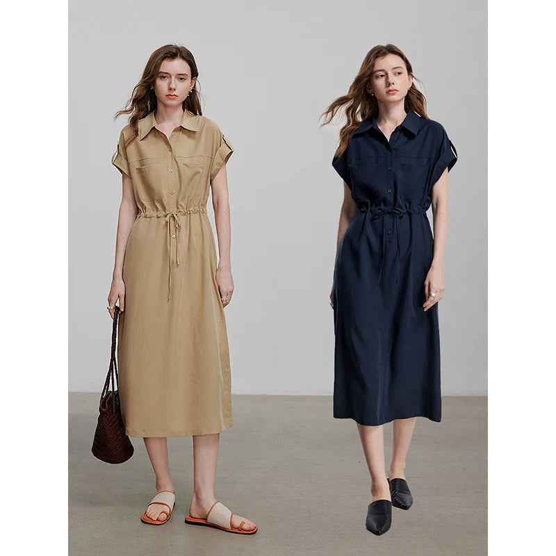 Women's mid-calf summer A-line dress with raglan sleeves, shirt collar, and floral print