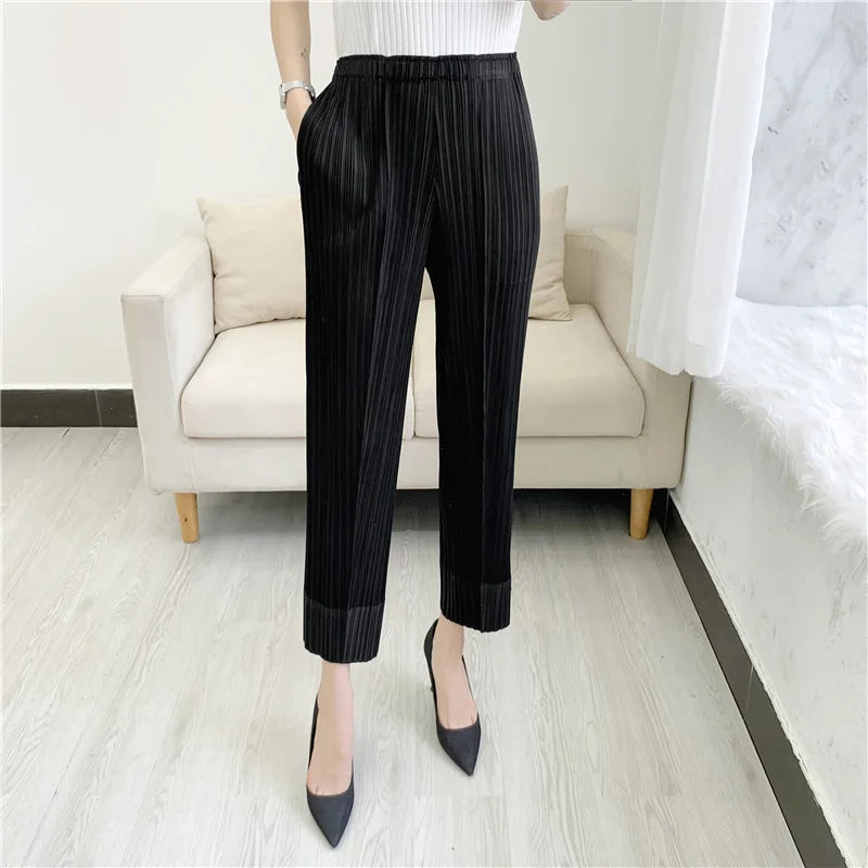Miyake Pleated Straight Leg Pants, Women's Elastic Waist Cropped Pants, Casual and Versatile Small Leg Pants