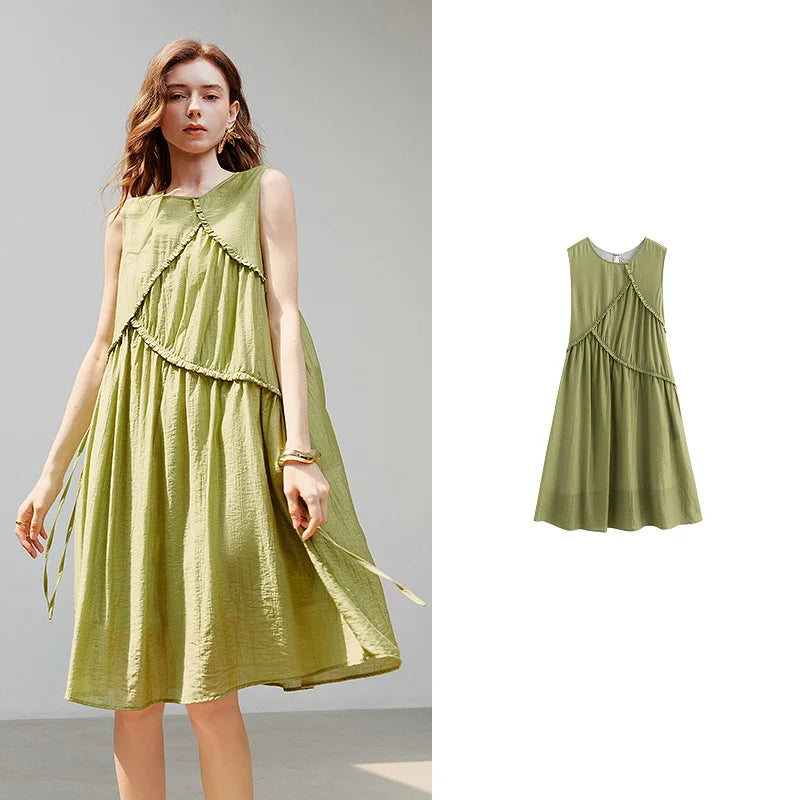 Robe femme mi-mollet été A-Line sans manches col rond à laçage