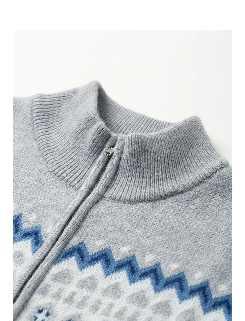 Pull Femme – Col Montant Zippé, Style Nordique Vintage, Motif Fair Isle Jacquard Épais