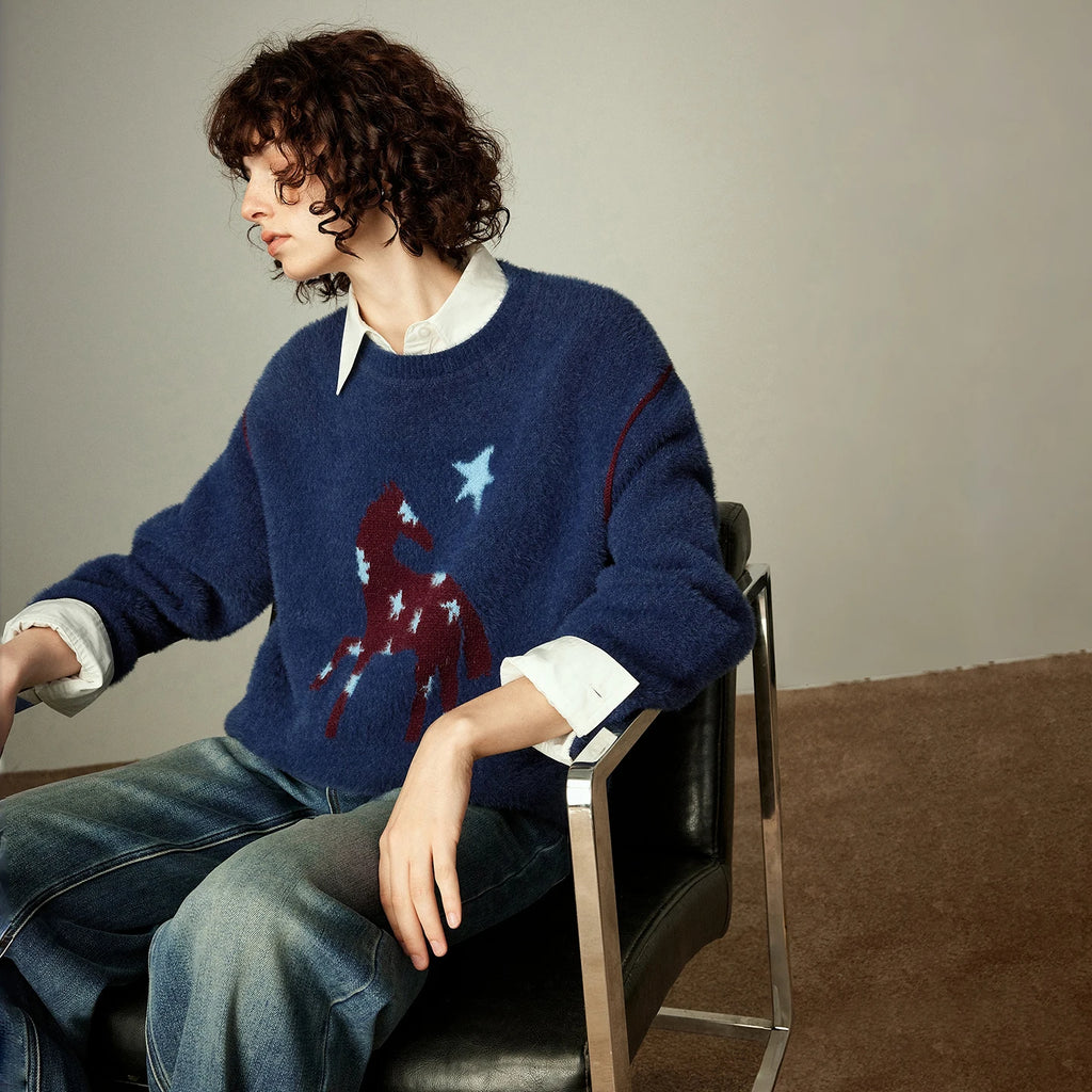 Pull Femme – Effet Cachemire, Motif Étoile & Cheval, Col Rond