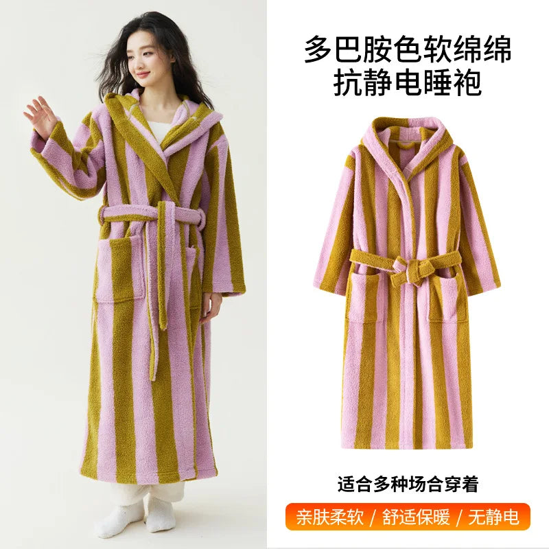Peignoir Velours Rayé Couple Manches Longues