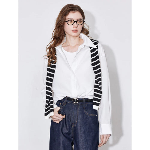 Women's long-sleeved shirt with a plain, casual office collar.