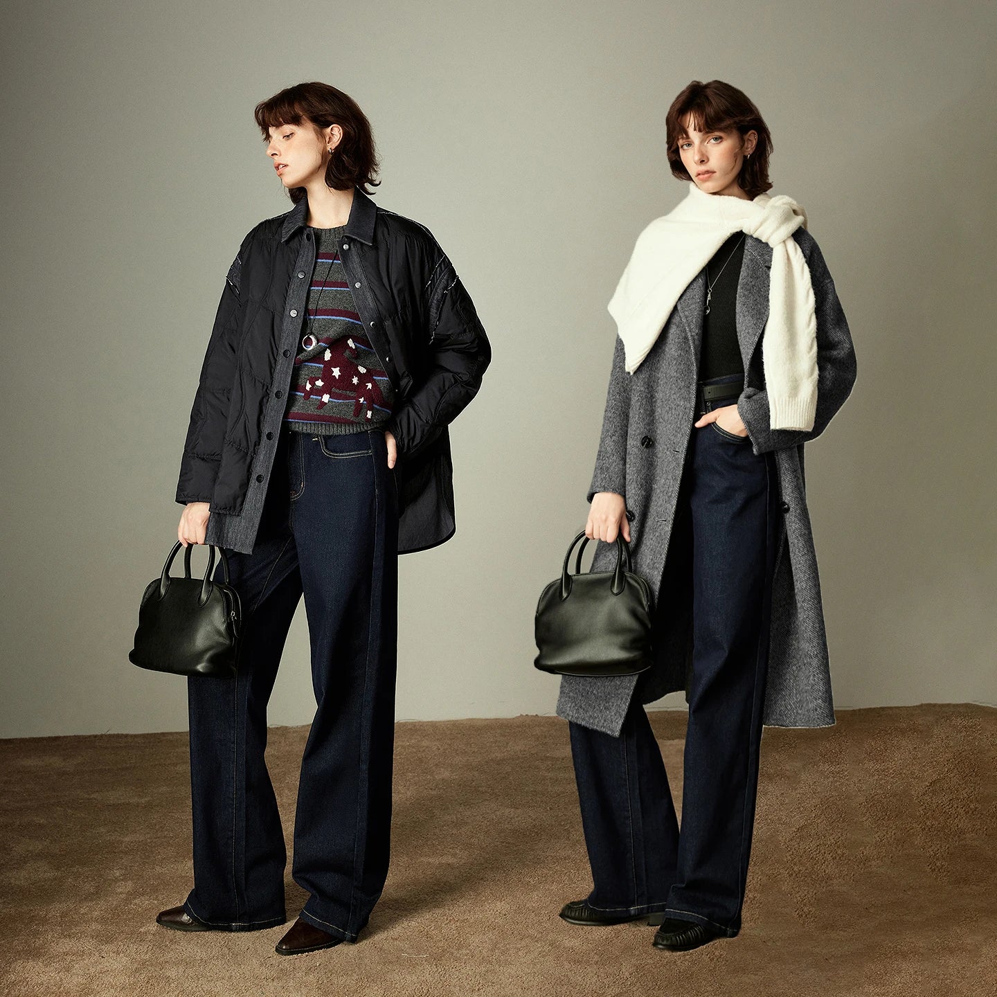 Jeans Large Femme Laine Mélangée, Taille Mi-Basse, Style Rétro