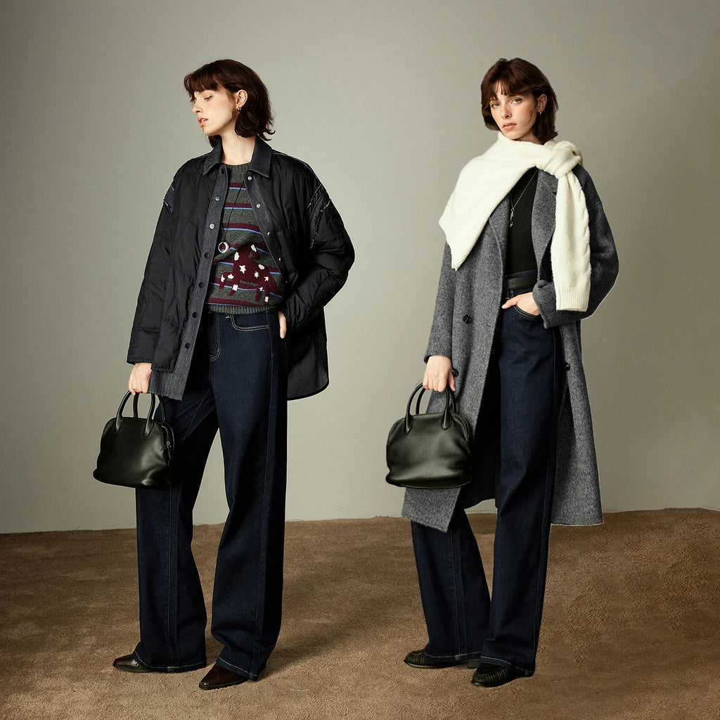 Jeans Large Femme Laine Mélangée, Taille Mi-Basse, Style Rétro