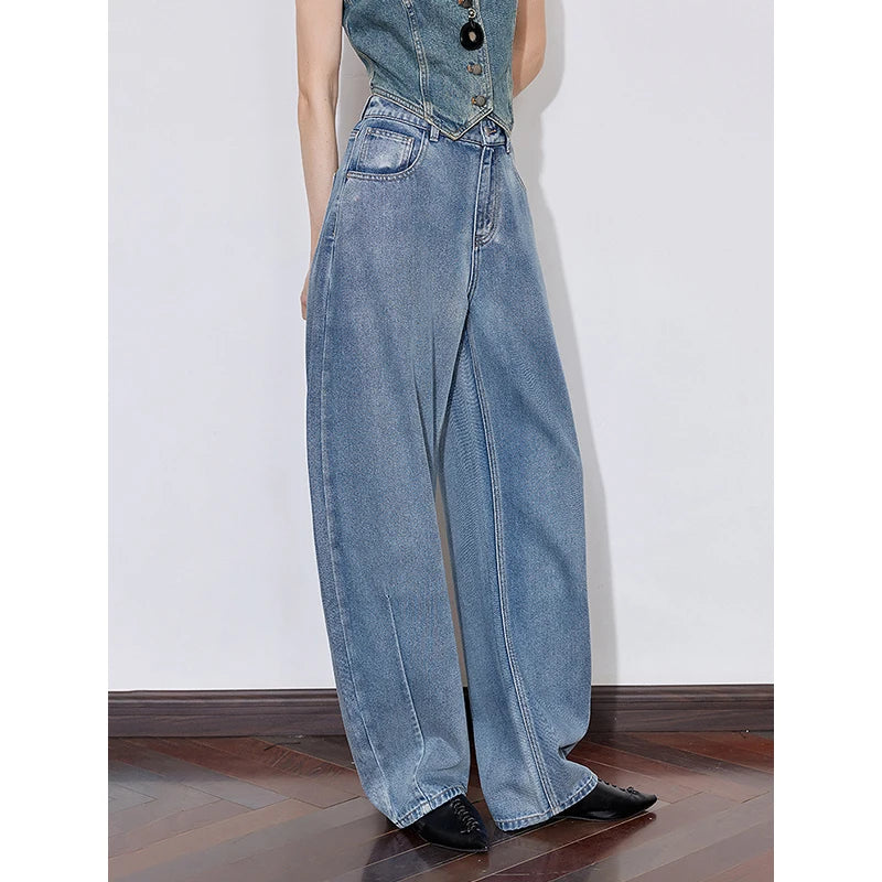 Jean femme style wasteland taille mi‑haute coupe droite large longue