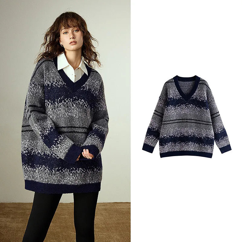 Pull Femme – Col V, Motif Fair Isle Rayé, Maille Douce Type Cachemire Mi-longue