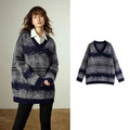 Pull Femme – Col V, Motif Fair Isle Rayé, Maille Douce Type Cachemire Mi-longue