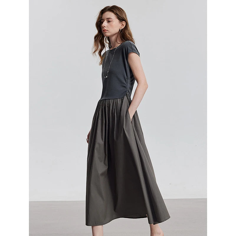 Women's mid-calf summer A-line dress with raglan sleeves, round neck, and pockets
